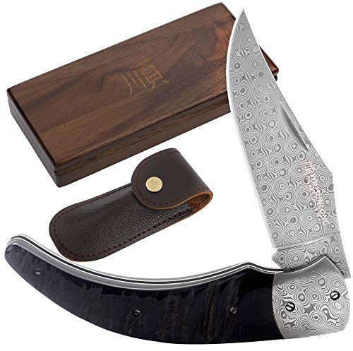 YOUSUNLONG Couteau de poche pliant en acier damas total 205 mm - Manche en corne de buffle noir naturel avec étui en cuir et boîte à couteaux en bois - Idéal pour la survie de la chasse au camping