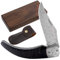 YOUSUNLONG Couteau de poche pliant en acier damas total 205 mm - Manche en corne de buffle noir naturel avec étui en cuir et boîte à couteaux en bois - Idéal pour la survie de la chasse au camping