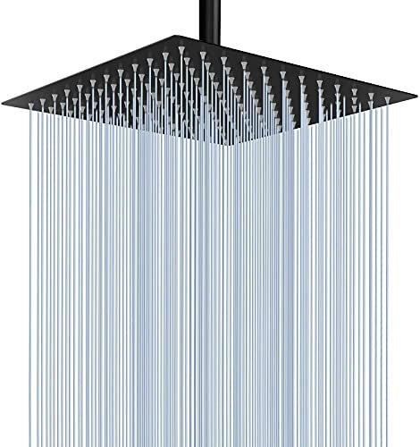 Voolan Rain Shower Head - High Flow Large Rainfall Shower Heads Made of Stainless Steel - Waterfall Bathroom Square Showerhead - Ceiling or Wall Mount (12 Black)