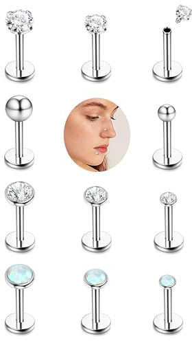 CASSIECA 12 Stück Edelstahl Lippenpiercing Stud Labret Piercing für Frauen Männer 16 Gauge Kugel Zirkon Opal Labret Schwarz Silber Ohrstecker Knorpel Helix Tragus Ohrringe Lippe Piercing, 6mm 8mm