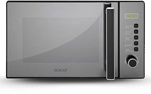 SOGO SS-855 horno microondas Con Grill, Con control digital, pantalla LED, de instalación libre y capacidad 20 Litros, con 8 modos y función combi grill, 1050/1000 Watts, Color negro y acabado espejo