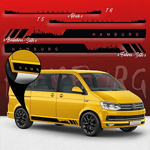 Auto-Dress Seitenstreifen Aufkleber Set/Dekor passend für VW T4, T5 & T6 Bus - Motiv: Skyline Stadt Hamburg Racing (196 Graphite, Kurzer Radstand)