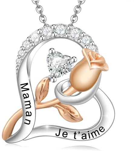 ENGRAWELRY Collier Femme Gravé Maman Je t'aime en Argent 925 Pendentif Cœur et Rose avec Cristal Bijoux Cadeau Original pour Noël Fête des Mères Anniversaire