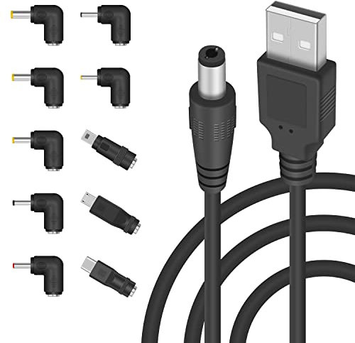 Duttek Cable de alimentación USB a CC, USB2.0 macho a DC5.5x2.1 mm macho de barril Jack 5 V Cable cargador con 10 puntas de conector compatible con DVR, USB-Hub, cámara, altavoz Bluetooth, 1.5 metros