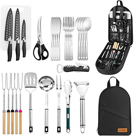 Set di accessori da cucina da campeggio portatile – 28 pezzi set di pentole da campeggio in acciaio inox per barbecue all'aperto camper party (nero)