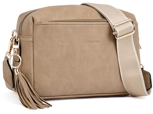 Roulens Damen Handy Umhängetasche,Veganem Leder Crossbody Schultertasche,Breiter Riemen Abendtasche mit drei Reißverschlussfächern Handtaschemit mit Kartenschlitz Verstellbar Abnehmbar Schultergurt