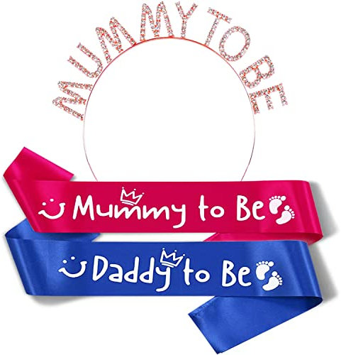 3 Stück Mummy & Daddy Set Babydusche Mummy to Be Krone Schärpe für Baby Shower Gender Reveal Party Deko Geschenk für Schwangerschaft werdende Mutter, Melamin