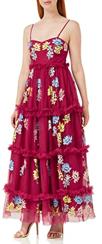 Maya Deluxe Womens Midi Dress Ladies Sleeveless Embroidered Frilly Ruffle Dress for Wedding Guest Bridesmaid Prom Ball Occasion Wine Size 8 UK