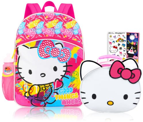 Hello Kitty Juego de mochila y lonchera para la escuela, paquete con mochila Hello Kitty de 16 pulgadas, fiambrera, botella de agua, calcomanías, más | Bolsas escolares Hello Kitty para niñas