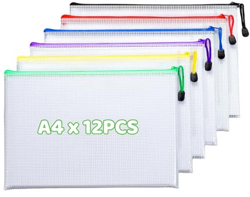 12Pcs Plastic Wallets A4 Zip Lock Folders, Waterproof Document Wallet Bag, Clear Zipper Pouch for Office Homework Travel Storage
