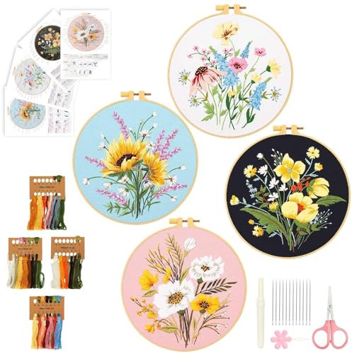 EEEKit 4 Stück Blumenmuster Stickerei Kit Für Anfänger, Blumen Stickerei Stich Set Mit Sticknadel Stickrahmen, DIY Kreuzstich-Kit Werkzeuge Für Erwachsene Kunst, Handwerk, Nähen