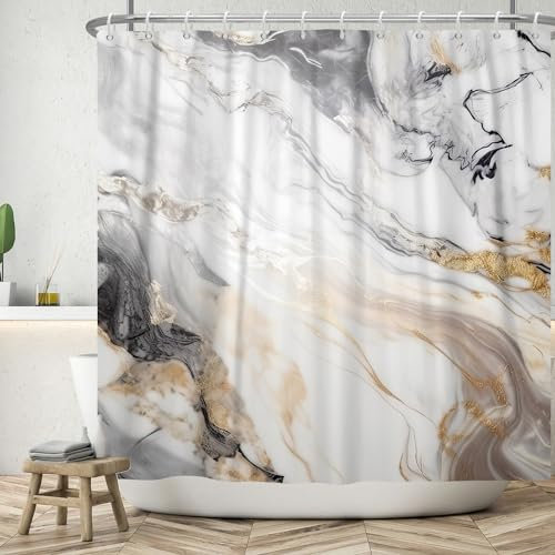 ASDCXZ Rideau de Douche Marbre 180x220 cm, Moderne Abstrait Gris Or Blanc Marron Aspect Marbre Texture Lavable Textile Rideau Douche imperméable pour Baignoire avec 12 Crochets