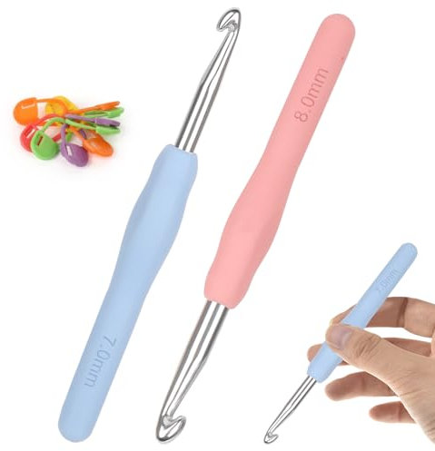 Aeeque 7,0 mm, 8,0mm Häkelnadel, 2 Stücke Häkelnadel Set, Aluminium Häkelnadeln mit Gummigriff, Leicht TPR Häkelnadeln für Arthritis, Bunt Häkelnadel Metal zum Häkeln Schal, Pullover, Mützen, Kissen