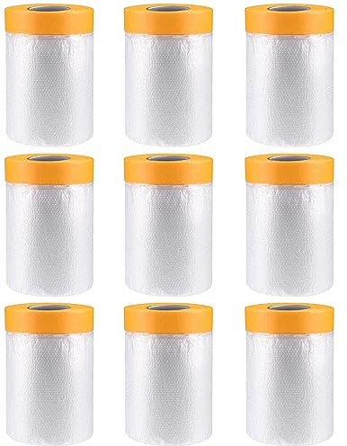 BOSCOW 9 Rouleaux de Film de Protection avec Ruban de Masquage - Bâche de Protection Transparente de 55 x 20 cm pour Protéger Meubles et Sol lors des Travaux de Peinture et de Rénovation