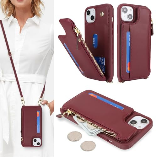 SailorTech Handyhülle für iPhone 13 Etui mit Kartenfach, iPhone 13 Hülle mit Verstellbarer Halskette, iPhone 13 Handytasche mit Reißverschluss Geldbörse - Burgunderrot