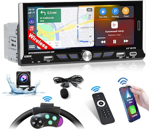 Inefala 1 DIN Pantalla Radio Coche con Carplay inalámbrico y Android Auto, Pantalla de 6,9 Pulgadas con Bluetooth, Mirror Link, Soporta RDS FM, Control del Volante, EQ, USB, Tipo C, cámara Trasera