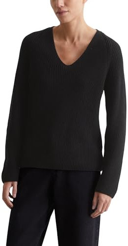 Marc O'Polo Damen Strickpullover aus Bio-Baumwolle mit V-Ausschnitt, Schwarz (Black), XL