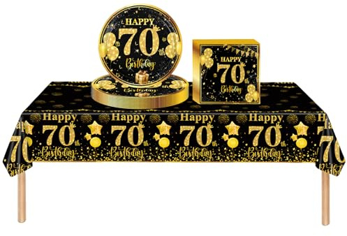 37pcs Black Gold 70th Birthday Decorations for Women, Men - Tablecloth, Paper Plates, Napkins for Adults, Him, Her - Party Supplies and Gifts