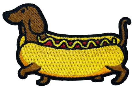 Aufnäher, Motiv: Meme Dackel, Hot Dog, bestickt, 7,6 cm