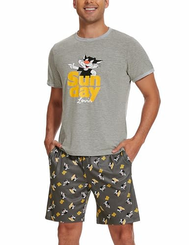 Demegimi Pyjama Court Homme Été Coton Décontracté Ensemble de Pyjamas pour Hommes Ete Pyjamas D'été pour Hommes Pyjamas à Manches Courtes Impression de Motif Mignon