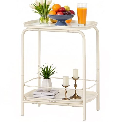 VASAGLE 2-Tier Outdoor Table, Small Side End Table with Tray Storage, Bedside Nightstand for Living Room, Bedroom, Modern Style, Cream White ULET243W01