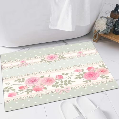 EMFSLA rutschfest Badezimmer Badeteppiche,Weich Hochflor Saugfähig Badvorleger Waschbar Flauschige Mikrofaser Badematte,Punkt-Lochmuster, rosa Rose, Shabby-Chic-Stil mit Blumen,60x90 cm
