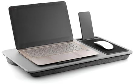 Premium Laptop-Tisch für Bett, Sofa, Couch, Auto Dank Kissen | Laptop Unterlage Schoß mit Mauspad | Ablage aus Holz | Mobiles Arbeiten mit Laptop & Handy