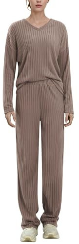 AGYMNX Schlafanzug Damen Lang Pyjama Set Baumwolle Lange �rmel Gestricktes Yoga-Sets mit V-Ausschnitt 2 St�ck Slim Fit Gem�tliche Nachtw�schee mit Taschen Sportanzug Trainingsanzug Dunkelkhaki M