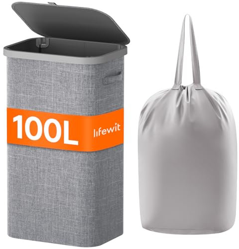 Lifewit Wäschekorb mit Deckel, 105 L Wäschesammler mit Kunststoffrahmen, faltbarer großer Wäschesortierer, Wäschebox Laundry Baskets für Schlafzimmer, Bad, Grau