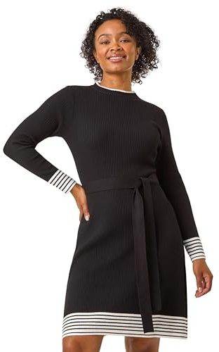 Roman Petite Stripe Knitted Midi Dress for Women UK - Ladies Everyday Autumn Winter Round Neckline Comfy Soft Evening Vacation Work Party Night Out