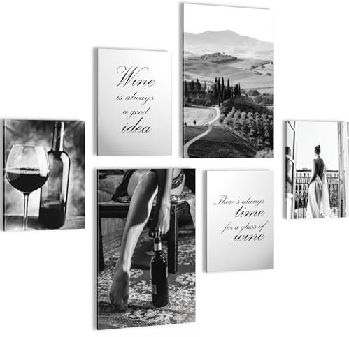 Novart Wandbilder Wein Fashion - KOMPLETT AUFHÄNGFERTIG - Schwarz Weiss Wohnzimmer Esszimmer Küche - 6 Moderne Mood-Bilder - N036567a