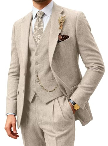 Retro Herringbone Tweed Suits for Men 3 Pieces Prom Suit Set Classic Tuxedo Slim Fit Mens Jacket Pants Set Champagne L