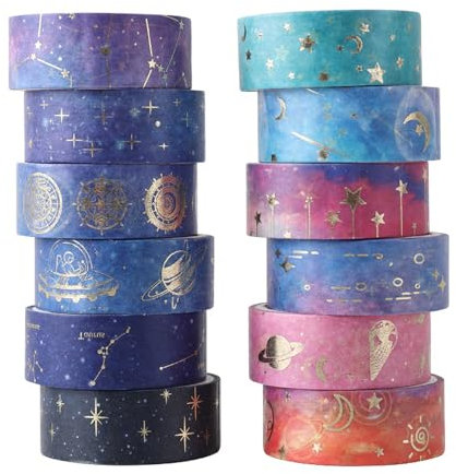 JOYVOX 12 Rolls Purple Washi Tape Set with Gold Foil, Decorative Masking Tape for Scrapbook, DIY Crafts, Gift Wrapping, Aesthetic Arts, and Crafts Supplies