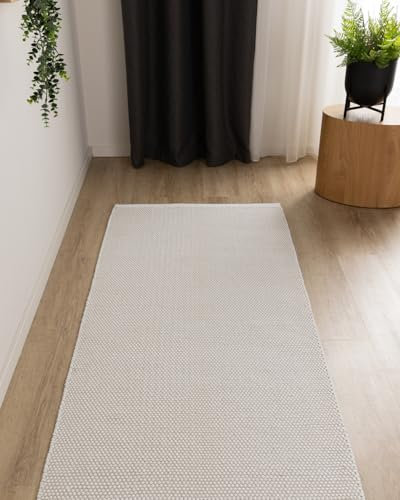 Interiyou handgewebter Baumwollteppich Riga - 70x140 cm Weiß - Handwebteppich für Wohnzimmer, Schlafzimmer - 100% Handarbeit Naturfaser Teppich Flachgewebe