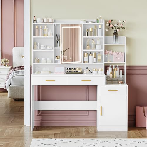Hzuaneri Schminktisch, Große Tischplatte mit Spiegel, 3 Schubladen und 1 Schrank, Offene Mehrstufige Regale, für Schlafzimmer, Garderobe, 40 x 130 x 149 cm, Weiß DT39103X