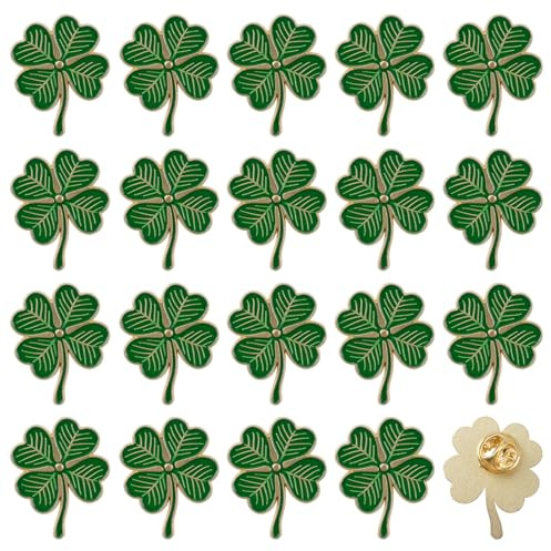WANDIC 20 PCS Broches Trèfle à Quatre Feuilles, Broche St Patrick's Day Décoration en Métal Broche Décorative Émaillée Conception de Textures pour Accessoires de Costume,Vert