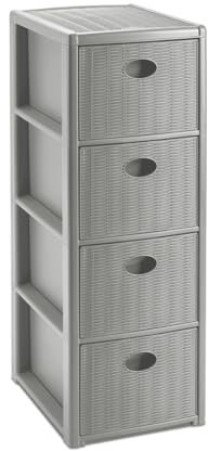 Rollbarer Schubladenschrank aus Kunststoff in Rattan-Optik mit 4 Schubladen. Maße: 30x40x81 cm. In verschiedenen Farbe (Grau)