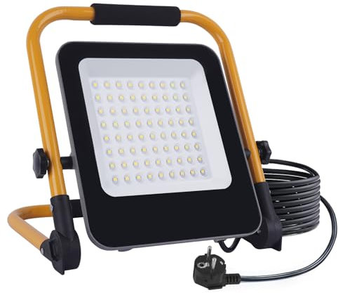 Fosingut Projecteur LED Chantier 50W,5000LM Éclairage de Chantier Puissant avec Prise EU/Cordon 2M/6500K,IP 66 Étanche Spot LED Extérieur Pliable Portable Phare de Travail pour Atelier,Garage,Jardin