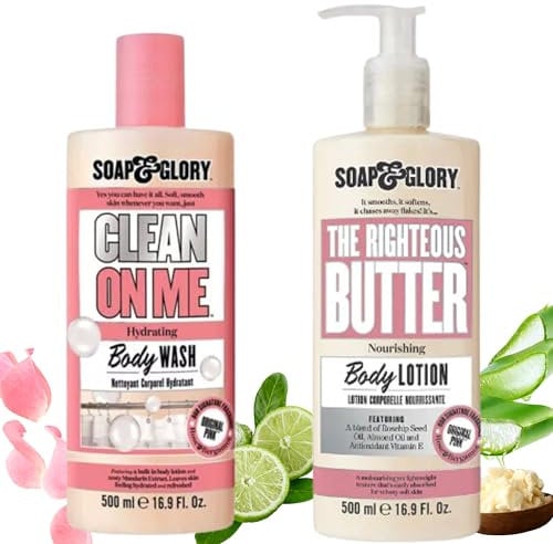 Soap & Glory Butter Body Lotion & Hydrating Body Wash Creamy Shower Gel with Mandarin Peel Extract, Vitimin E, Soothes and Soften Skin 2 x 500ml Bundle + Wremedies Cherish Yourself Beauty Guide