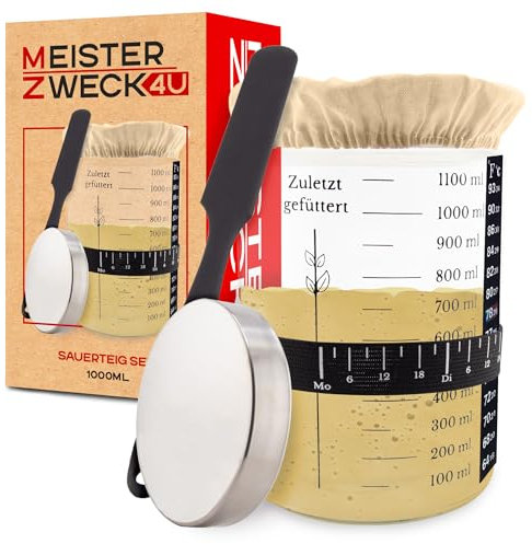 MEISTERZWECK4U Starter Set für Sauerteig, 1100ml Gärglas mit Stoffabdeckung & Zubehör - mit Thermometer, Fütterungsband, Schaber & Aluminiumdeckel, Glas Behälter zum Brot backen
