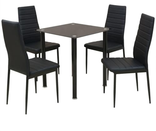 LVHUIDEH Esstisch mit 4 Stühlen, 5er Set,Esszimmerset/Essgruppe für Küche Esszimmer Wohnzimmer, 70 x 70 x 75 cm, Stahl + Gehärtetem Glas + Kunstlederpolster