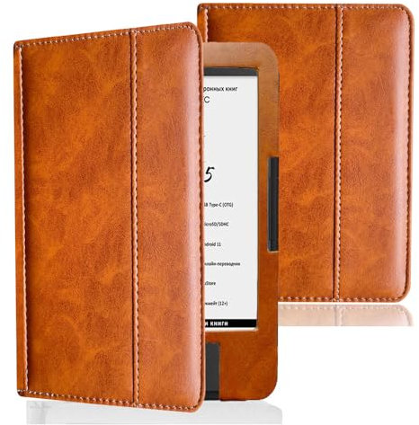 Étui de protection pour liseuse Onyx Boox Caesar 1/2/3/4/5 - En cuir synthétique - Avec poignée de protection et fonction réveil automatique - Marron