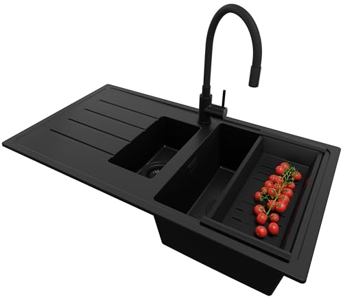 PRIMAGRAN Granitspüle ab 60er Unterschrank + Küchenarmatur, 90x50cm | Set: Küchenarmatur BW6020 + Ablauf-Set + Spülbecken 1,5 Becken - Kopenhagen Duo, Alles Schwarz
