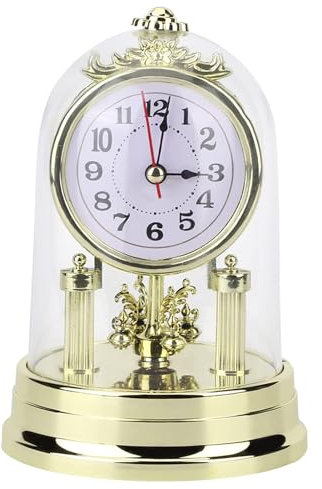 PVYGDXYI Silent Non-Tick Mantel Desk Clock, Gold, Small, Retro Style with Glass Dome, Battery Operated