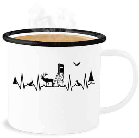Emaille Becher Blechbecher - Tasse - Jäger Herzschlag Jagd EKG Linie Jagen I Jägergeschenk I Jagd Geschenk Jagdliebe Geschenke Jägerinnen Geschenke Jägerin - 300 ml - Weiß Schwarz - jagdmotiv