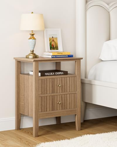 HEYZOEY Mesita de Noche Retro con 2 Cajones Madera Maciza Boho para Dormitorio Sala de Estar Marrón Nogal 48 x 35 x 62 cm