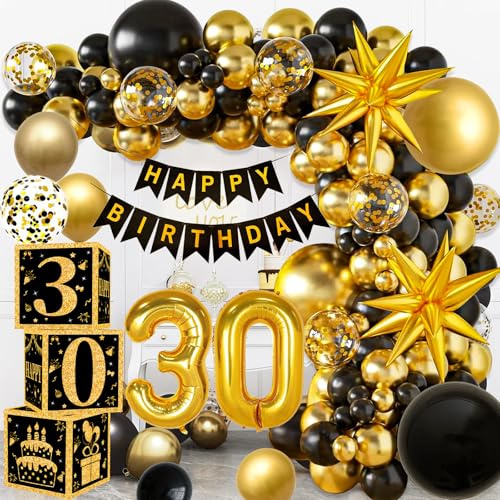 YEJIKJ 30 Geburtstag Deko Ballonbox, Deko 30. Geburtstag Mann Frauen,30. Schwarz Gold Deko Luftballons, Schwarz Gold Box Deko Mann Frauen fur 30. Partydekorationen