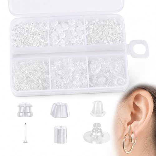 600PCS Clear Silicone Earring Backs 6 Styles Hypoallergenic Ear Stoppers | Soft skin-friendly, invisible clear design, secure anti-lost fit, works with studs & hooks, comes with storage box