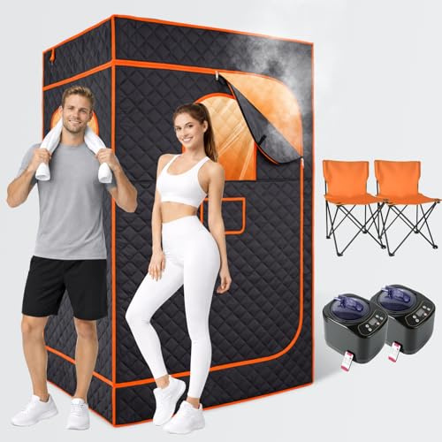 HomeCare Boîte de sauna portable pour deux, sauna domestique avec deux cuiseurs vapeur de 3 L 1200 W, minuterie 9 températures et 99 min, tente à vapeur pliable et 2 chaises pliantes pour la