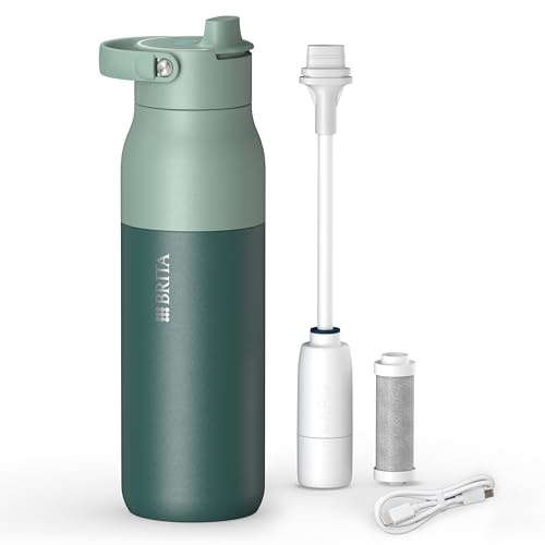 BRITA LARQ iQ Digitale Edelstahl Trinkflasche mit Wasserfilter (1000 ml) | Grün, Hydration Tracking (BRITA App), Strohhalm, Aktivkohle Filter, UV-C, neutralisiert 99,99% Bakterien, filtert PFAS